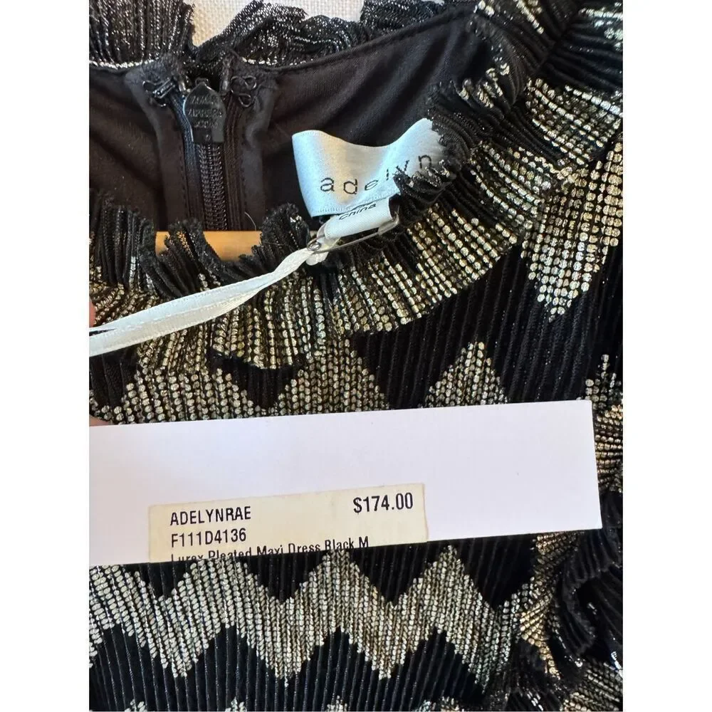 NWT Adelyn Rae Agatha Metallic Pleated Chevron Black Gold Shiny Ruffle Dress siz